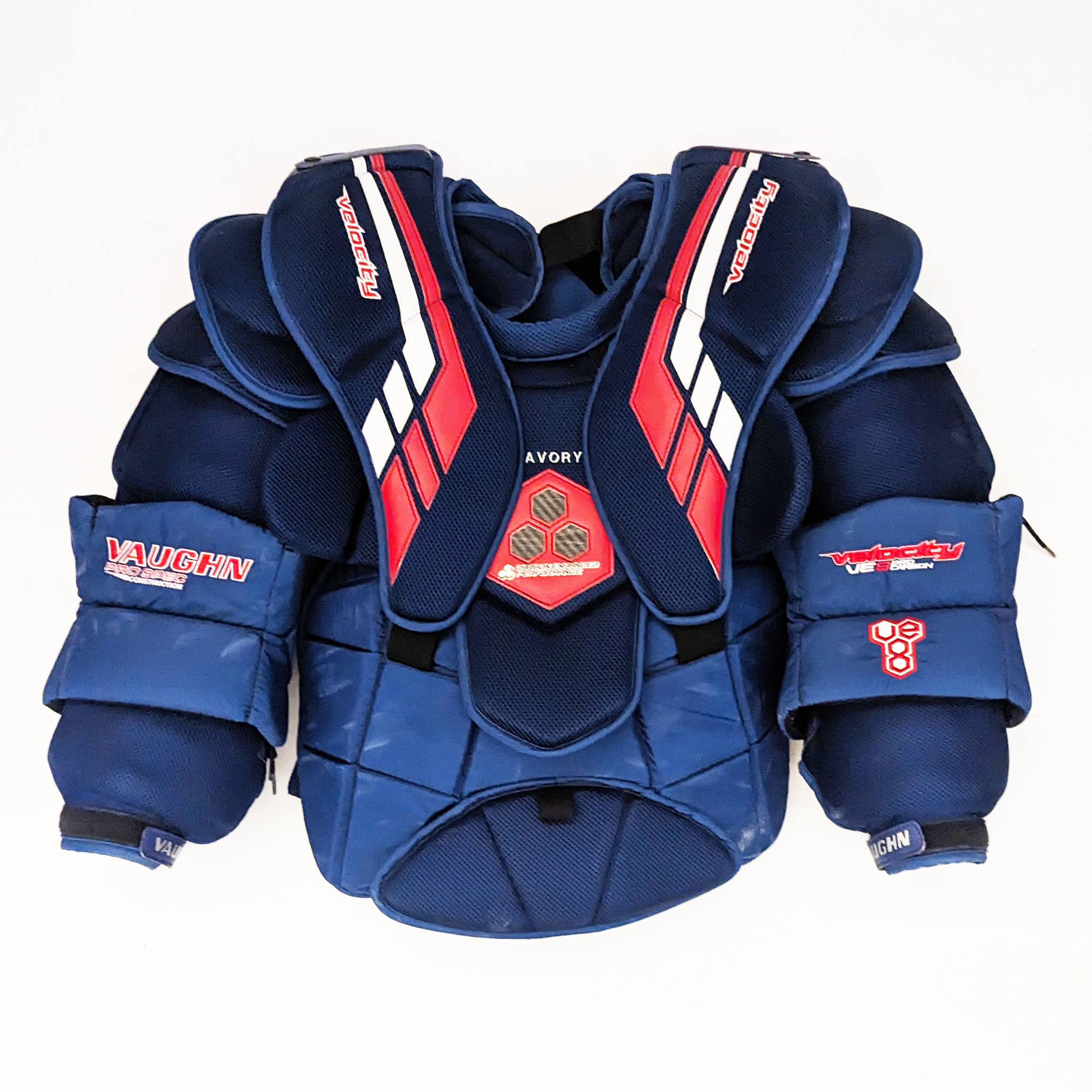 Vaughn VE8 - Plastron de gardien de but Pro Stock d'occasion (bleu/rouge)